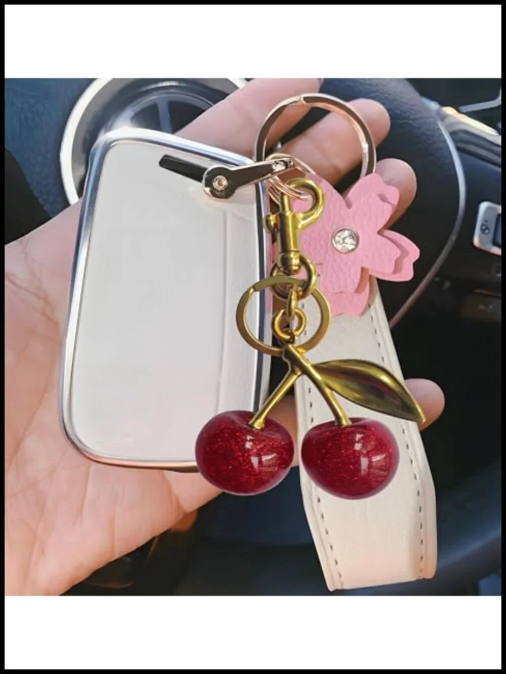 Cherry Bag Charm, Metal Alloy Keychain, Glitter Resin